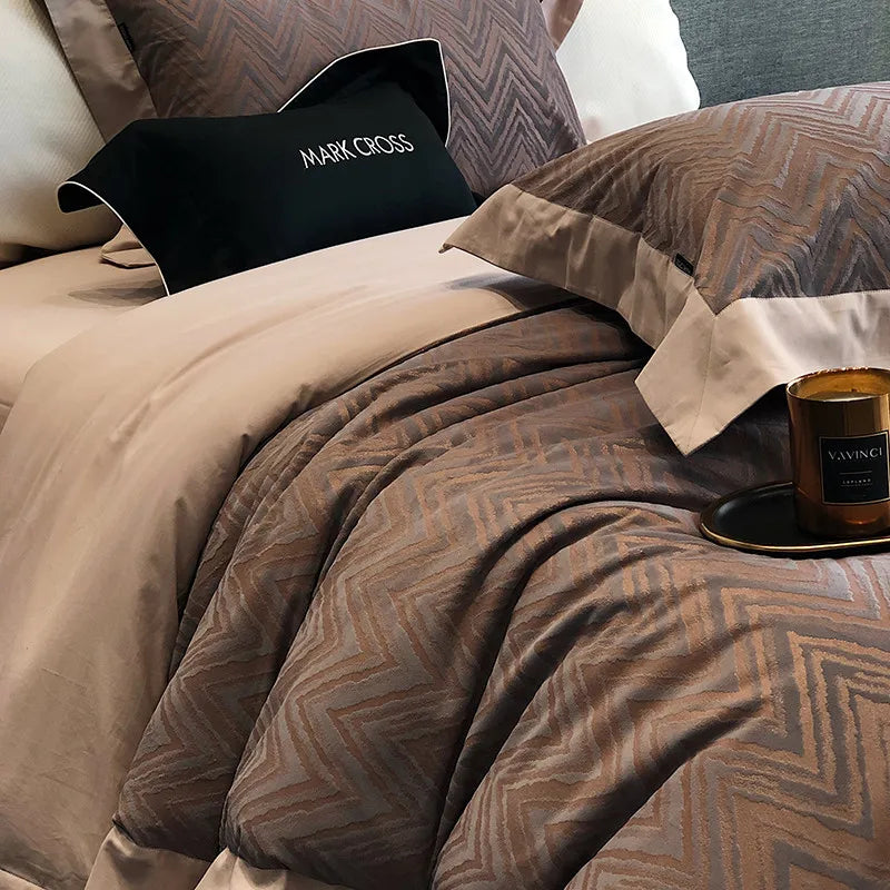 Zig Zag pattern Brown and beige Luxury Ripple Velvet Fluffy Duvet Cover Bedding Set with flat or fitted sheets