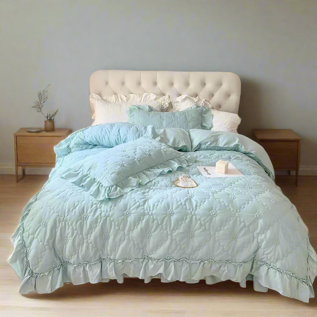 blue Pinch Pleated Cotton Duvet Cover Set in Sky | Queen & King