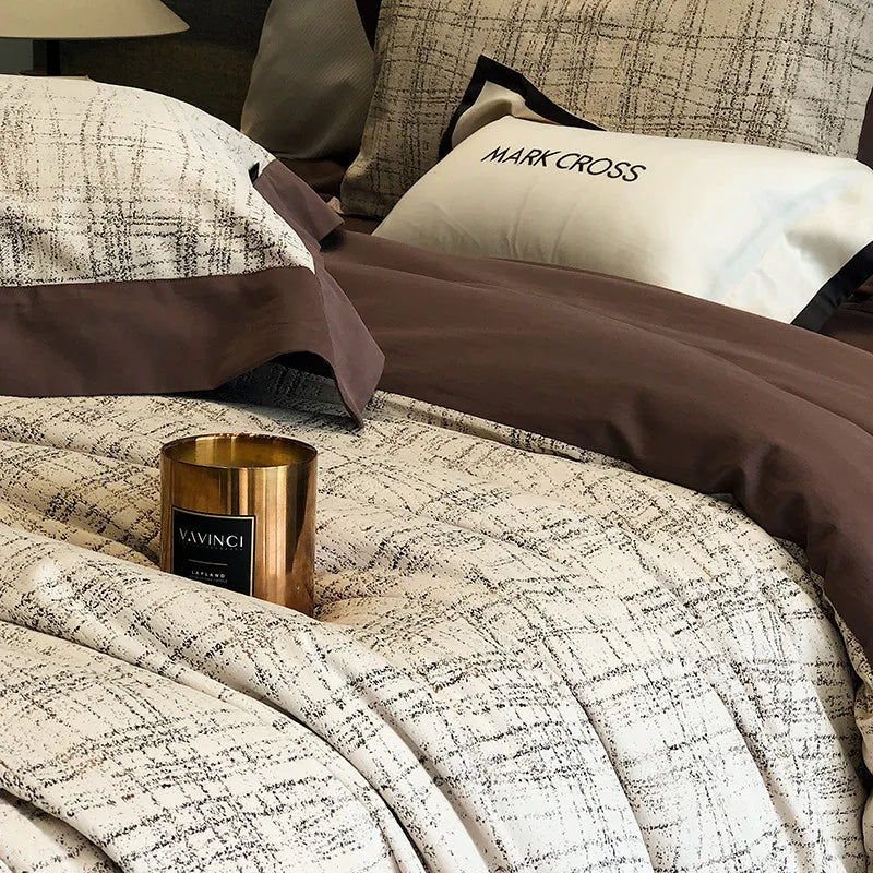 brushstroke pattern Beige and Brown Luxury Ripple Velvet Fluffy Bedding Set with flat or fitted sheets option