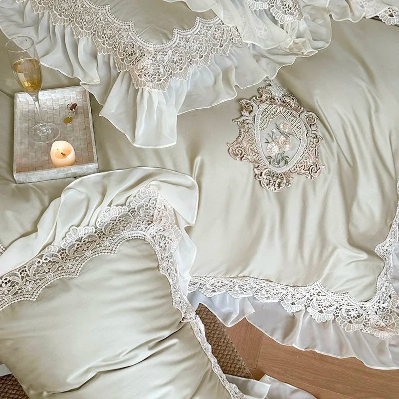 designer French Vintage 1000TC Cotton Ruffle Lace Bedding Set - Army Green