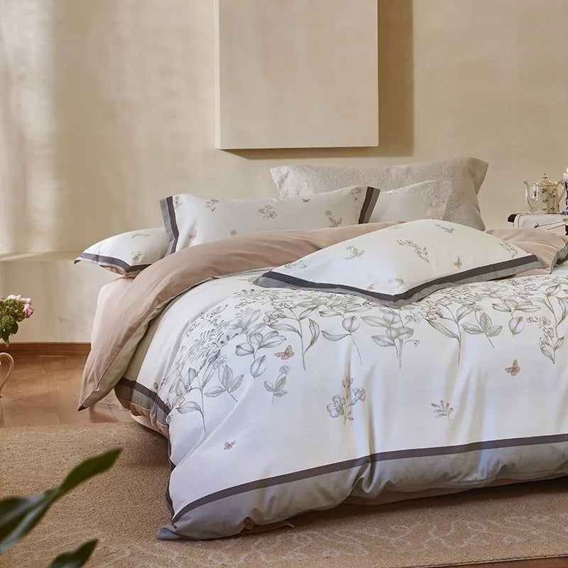 designer Soft Cotton Floral Duvet Cover Set - Cream