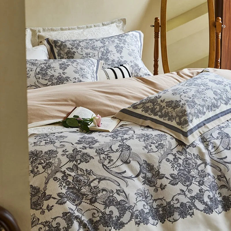 designer Soft Cotton Floral Duvet Cover Set - Gray