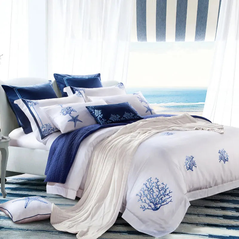 designer bedding 600TC Blue Embroidery Egyptian Cotton Bedding Set includes duvet cover, flat or fitted sheets and pillowcases