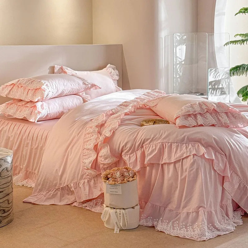 designer bedding 600TC Pink 100%Egyptian Cotton Ruffle Lace Bedding set