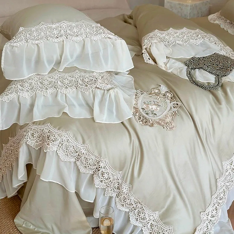 designer bedding French Vintage 1000TC Cotton Ruffle Lace Bedding Set - Army Green