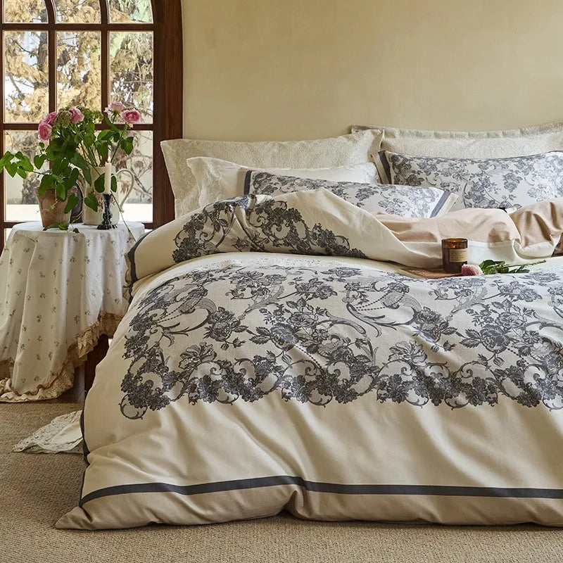 designer bedding Soft Cotton Floral Duvet Cover Set - Gray