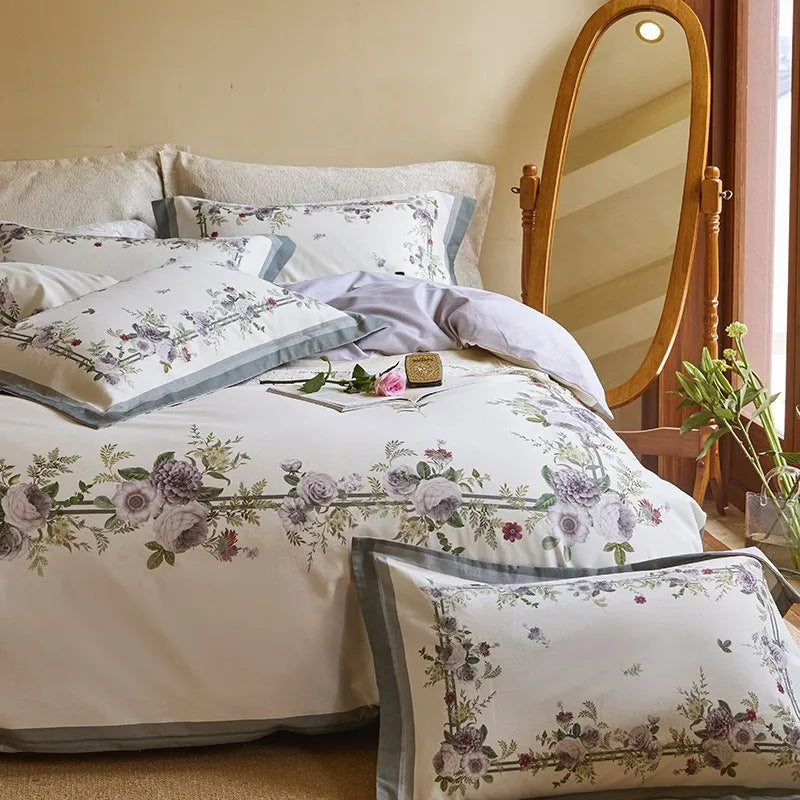 designer bedding Soft Cotton Floral Duvet Cover Set - White
