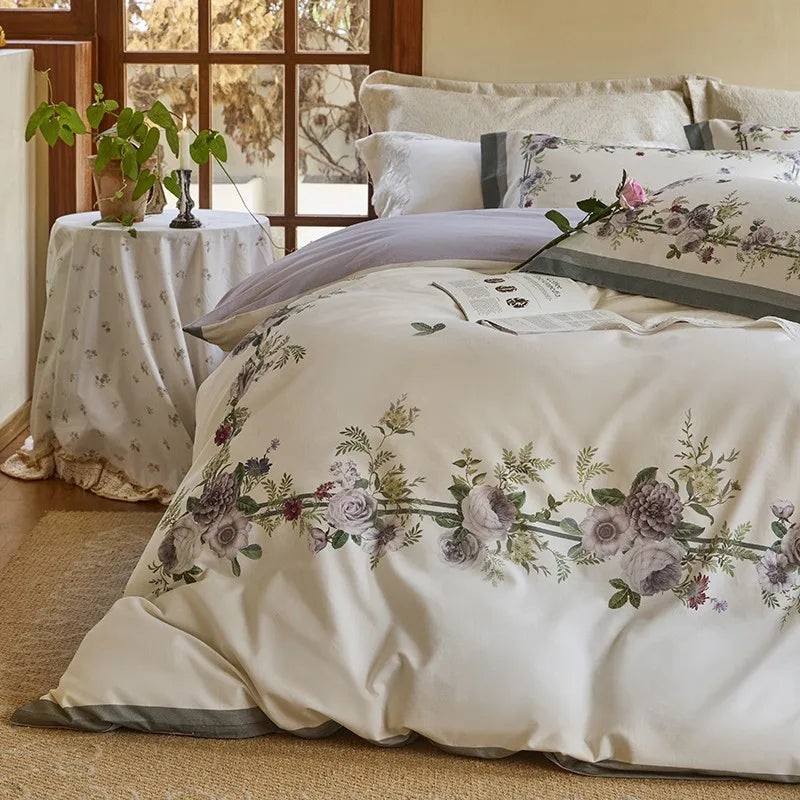high-end bedding sets Soft Cotton Floral Duvet Cover Set - White