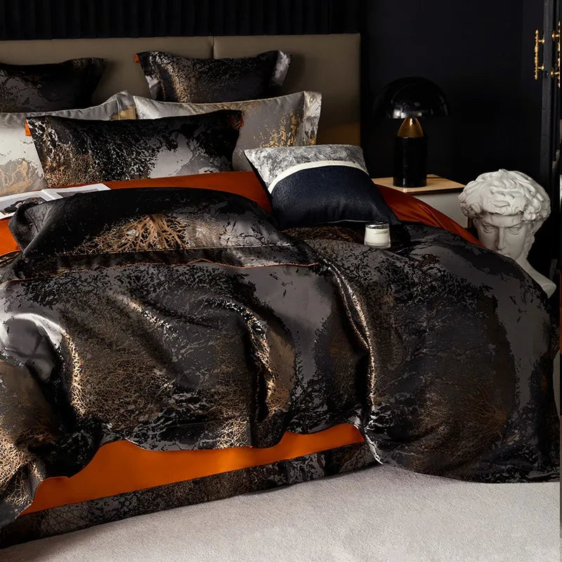 luxury Egyptian Cotton Satin Jacquard Bedding Set - Black