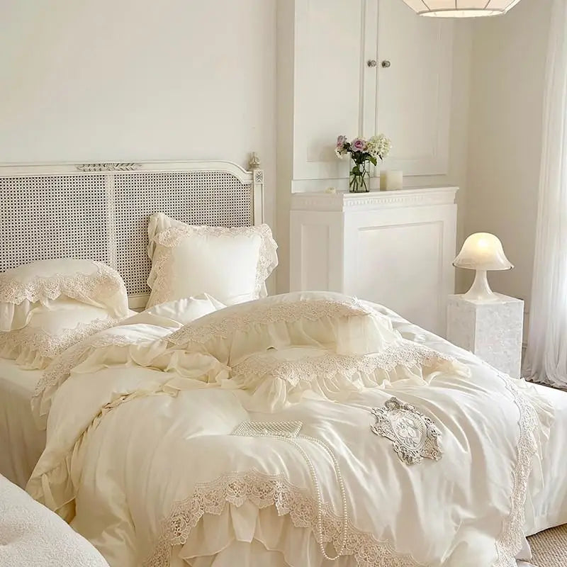 luxury French Vintage 1000TC Cotton Ruffle Lace Bedding Set - Cream