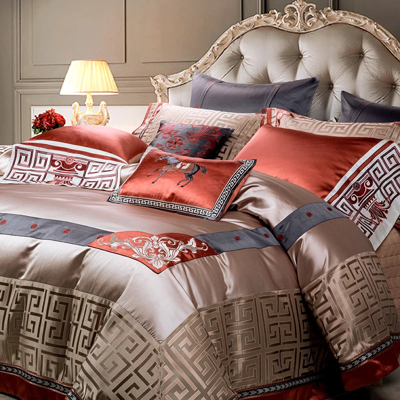 luxury Jacquard Style Cotton Satin Bedding Set with Embroidery - Rust