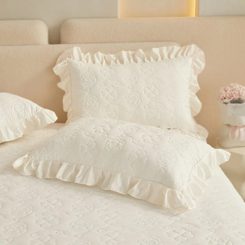 luxury Quilted Floral Embossed Lace Bedding Set - White