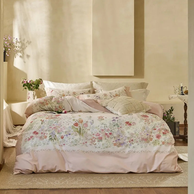 luxury Soft Cotton Floral Duvet Cover Set - Light Orange