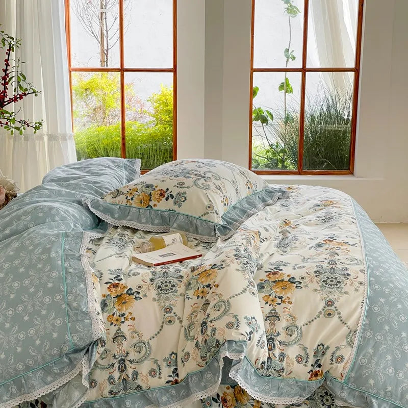 luxury bed sets Cotton Floral Ruffle Duvet Cover Set - Blue