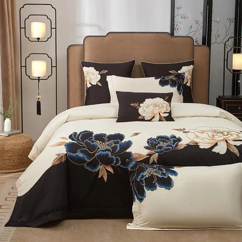 luxury bed sets Egyptian Cotton Embroidered Patchwork Bedding Set - Black