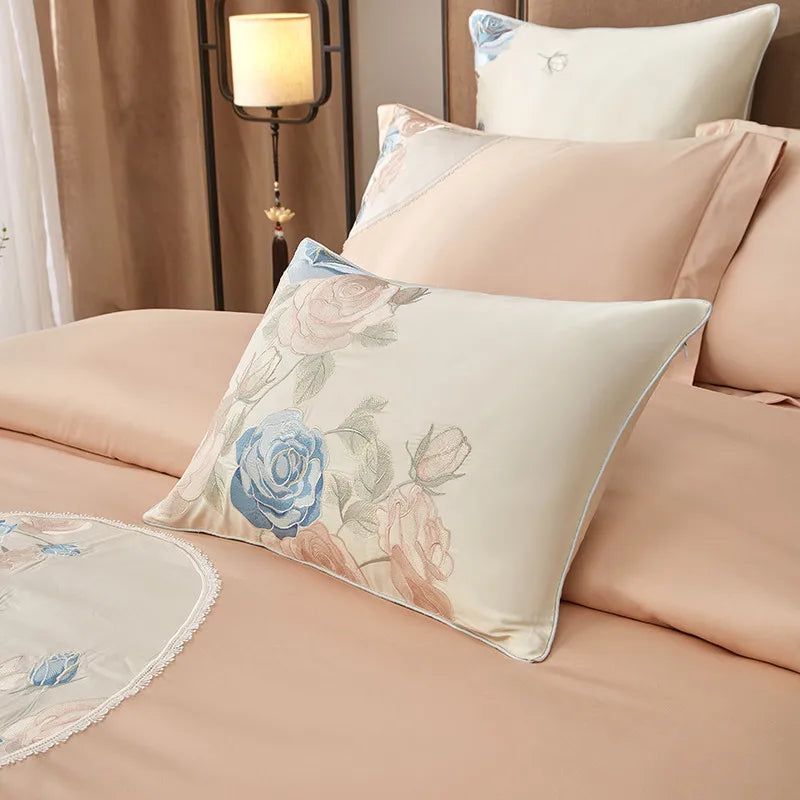 luxury bed sets Egyptian Cotton Embroidered Patchwork Bedding Set - Peach