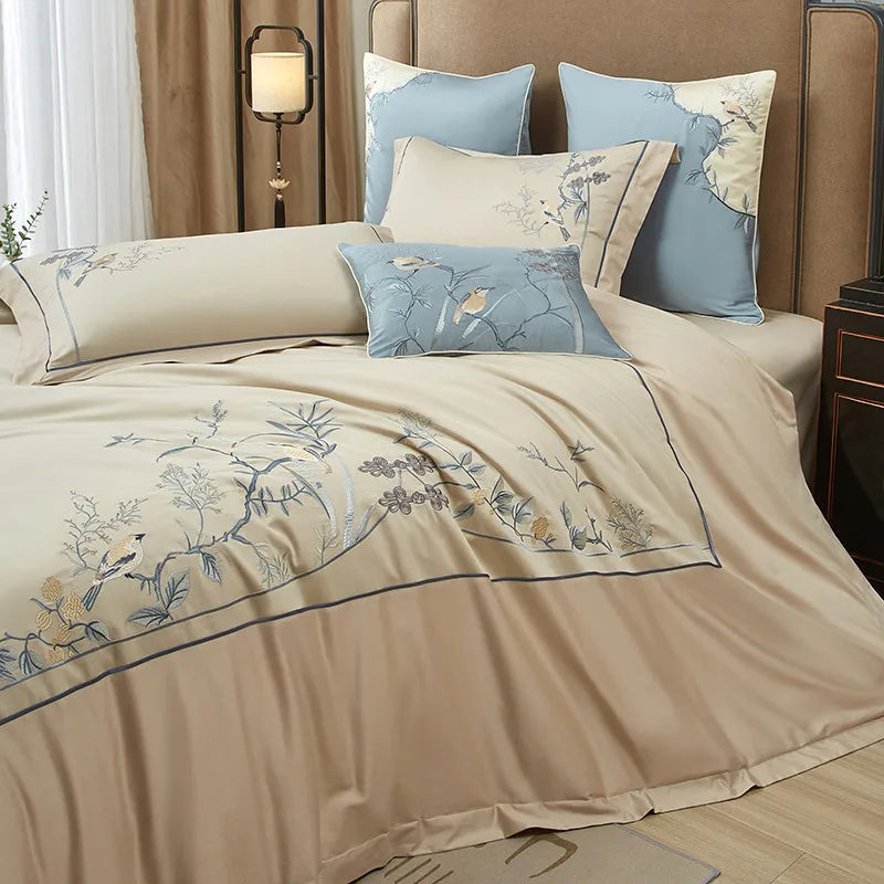 luxury bed sheets Egyptian Cotton Embroidered Patchwork Bedding Set - Beige