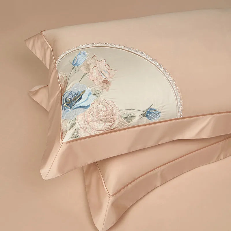 luxury bed sheets  Egyptian Cotton Embroidered Patchwork Bedding Set - Peach