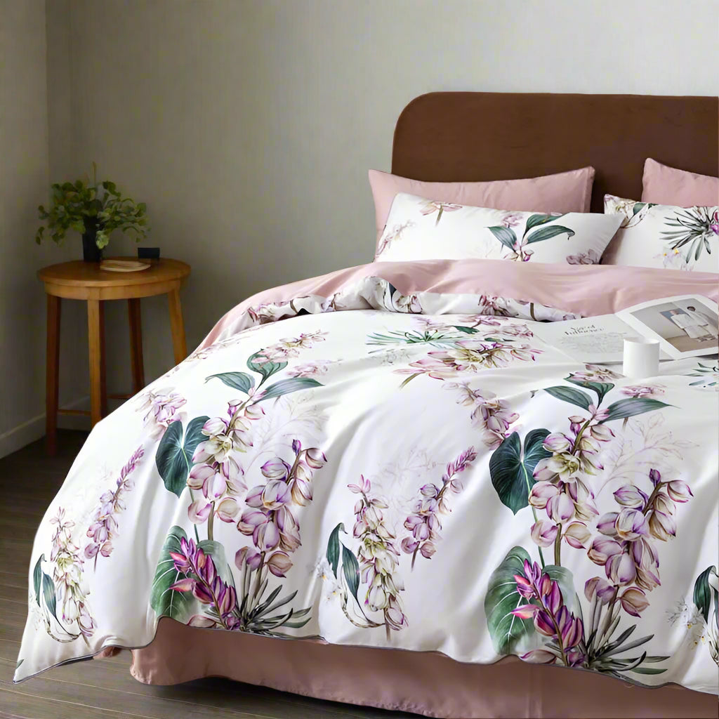 luxury bed sheets Egyptian Cotton Tropical Leaves Floral Bed Set - White