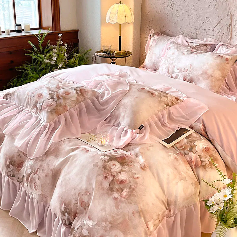 luxury bed sheets French Romantic 600TC Cotton Floral Bedding Set - Baby Pink