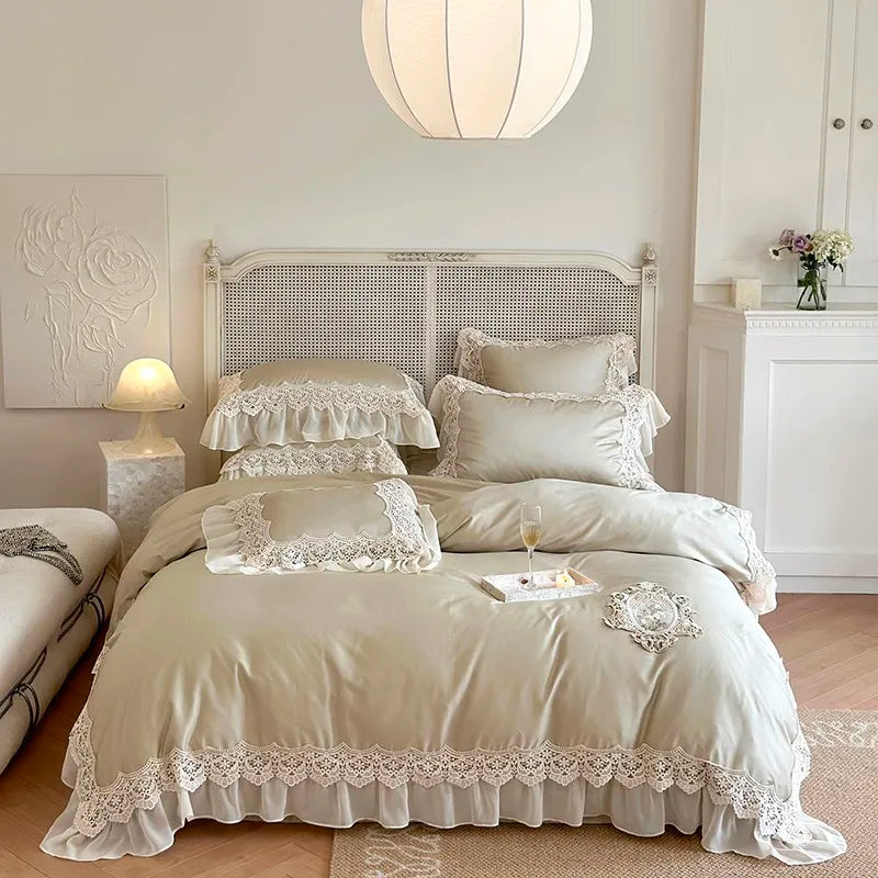 luxury bed sheets French Vintage 1000TC Cotton Ruffle Lace Bedding Set - Army Green