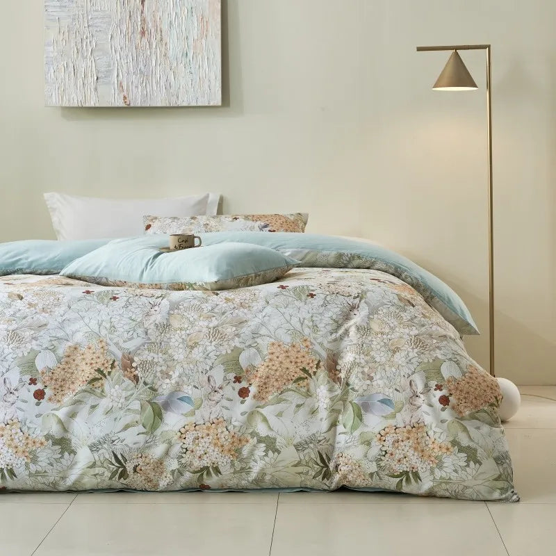 luxury bedding Ultra Soft 400TC Cotton Floral Printed Bedding Set - Ice Blue