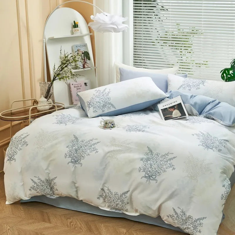 luxury bedding Ultra Soft 400TC Cotton Floral Printed Bedding Set - Pastel Blue