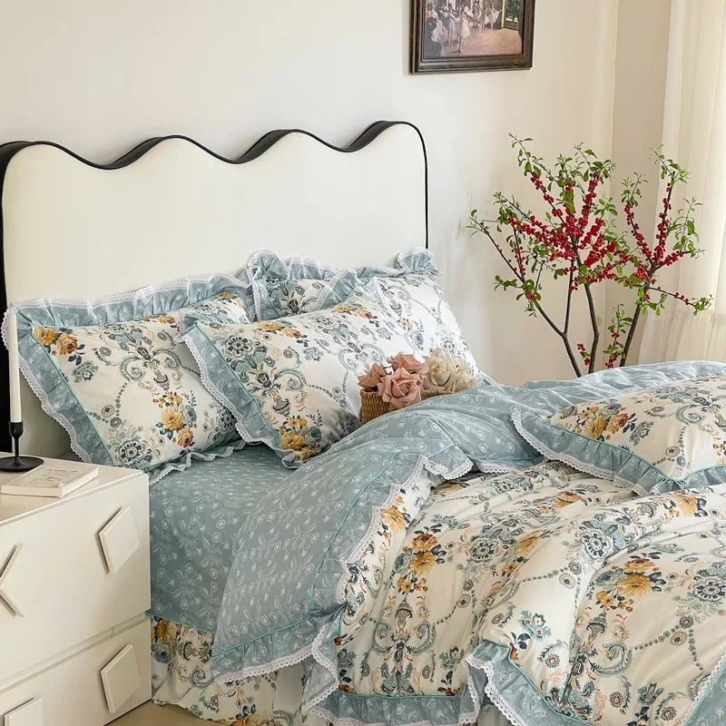luxury linens Cotton Floral Ruffle Duvet Cover Set - Blue