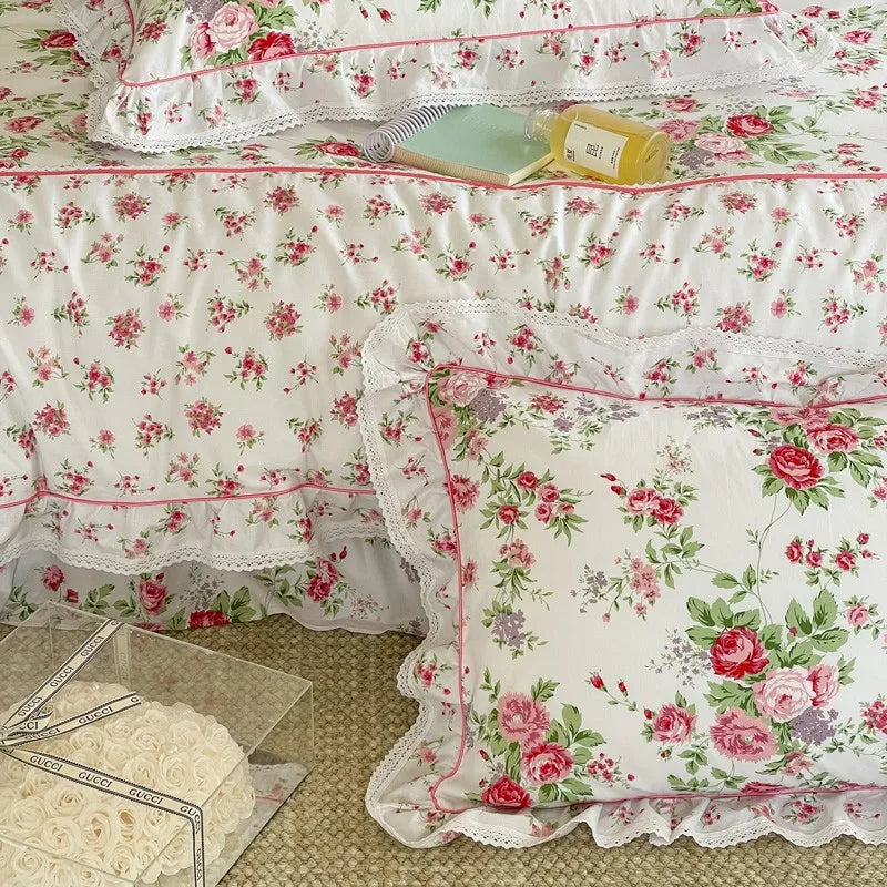 luxury linens Cotton Floral Ruffle Duvet Cover Set - Pink