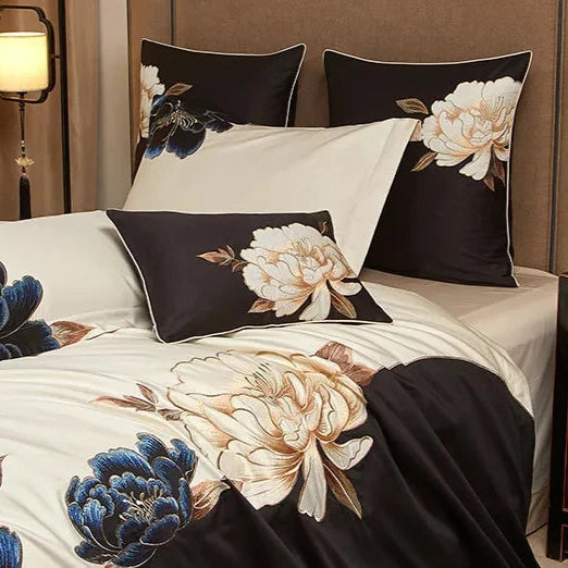 luxury linens Egyptian Cotton Embroidered Patchwork Bedding Set - Black