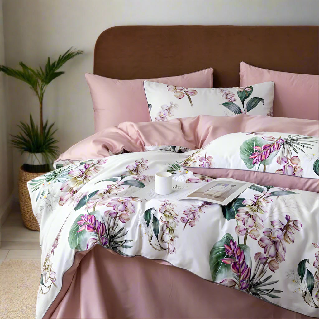 luxury linens Egyptian Cotton Tropical Leaves Floral Bed Set - White