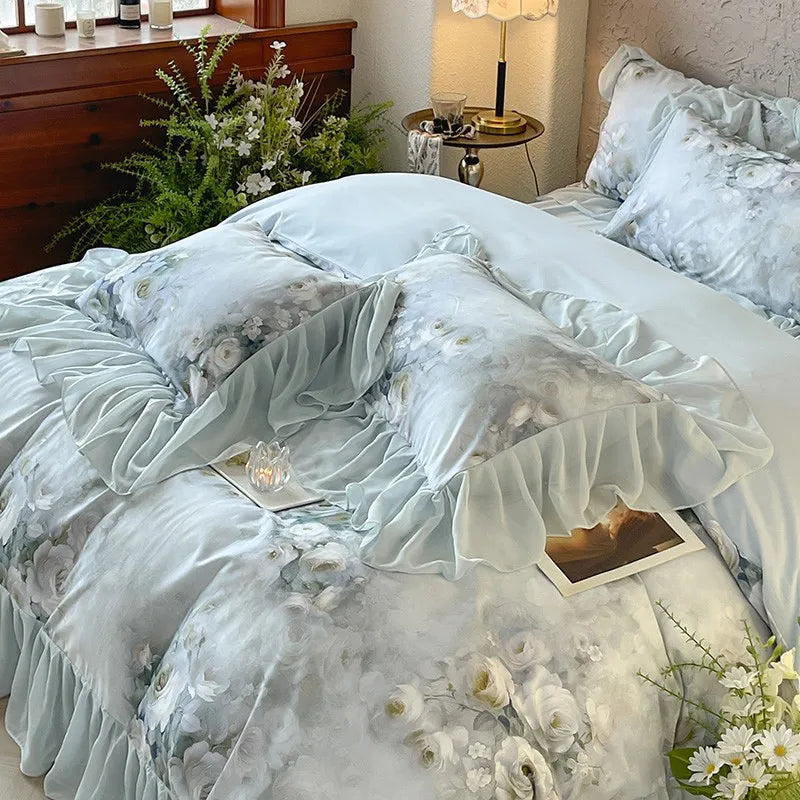 luxury pillowcases French Romantic 600TC Cotton Floral Bedding Set - Blue