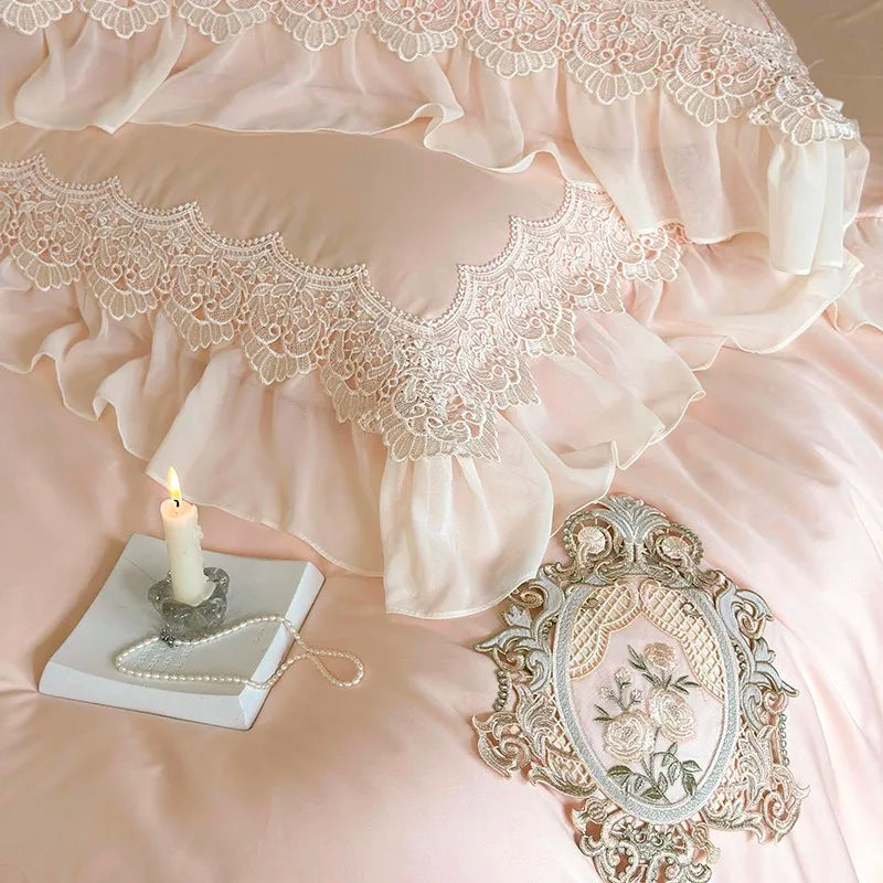 luxury soft  pillowcases French Vintage 1000TC Cotton Ruffle Lace Bedding Set - Pink