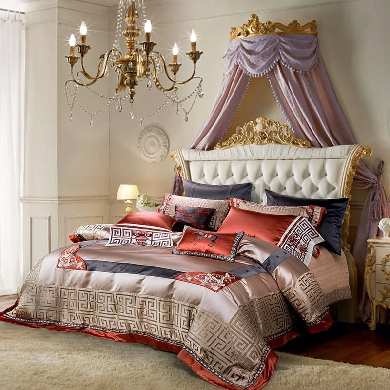 premium Jacquard Style Cotton Satin Bedding Set with Embroidery - Rust