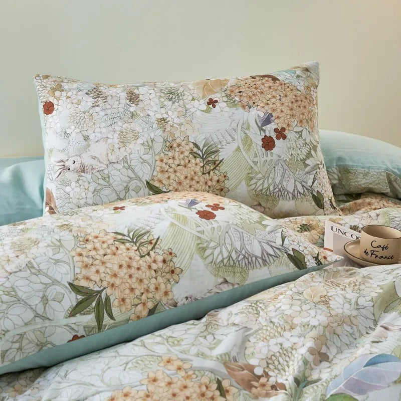 premium Ultra Soft 400TC Cotton Floral Printed Bedding Set - Ice Blue