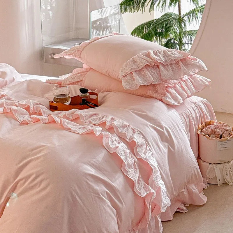 premium bed linen 600TC Pink 100%Egyptian Cotton Ruffle Lace Bedding set includes bed skirt, duvet cover and pillowcases