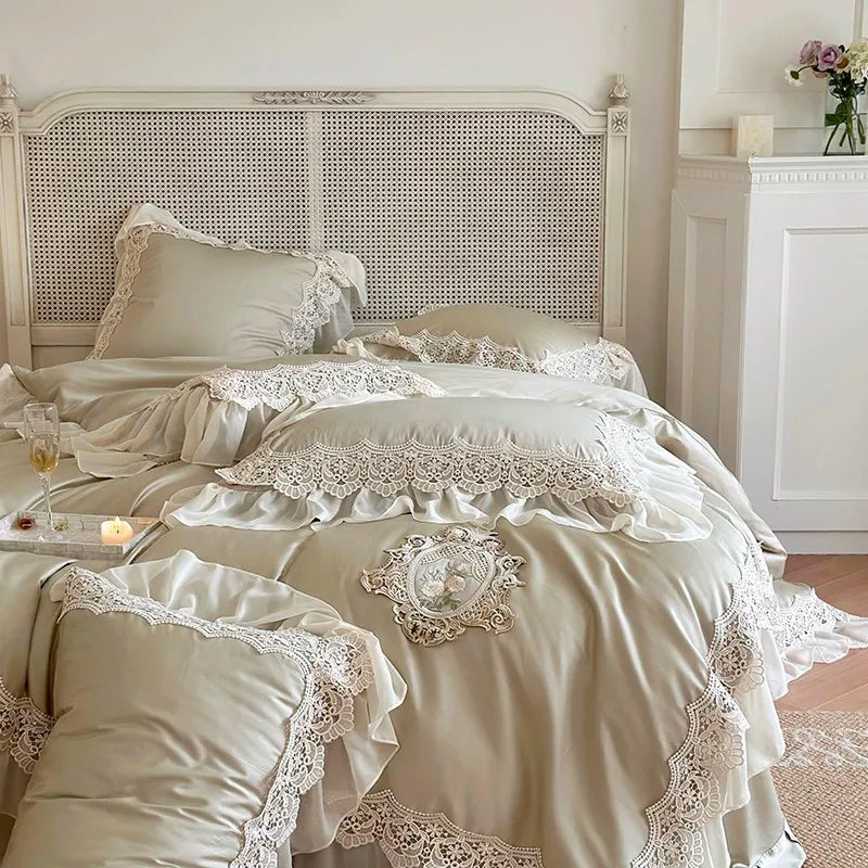 premium bed linen French Vintage 1000TC Cotton Ruffle Lace Bedding Set - Army Green