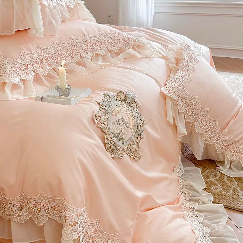 premium bed linen French Vintage 1000TC Cotton Ruffle Lace Bedding Set - Pink