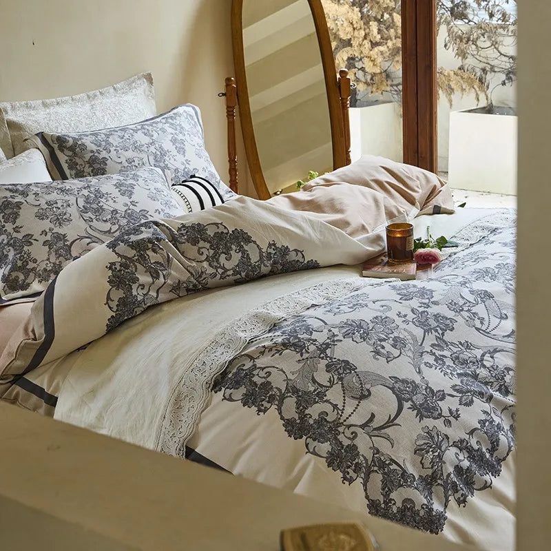 premium bed linen Soft Cotton Floral Duvet Cover Set - Gray