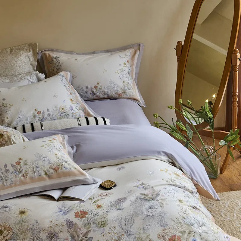 premium bed linen Soft Cotton Floral Duvet Cover Set - Purple