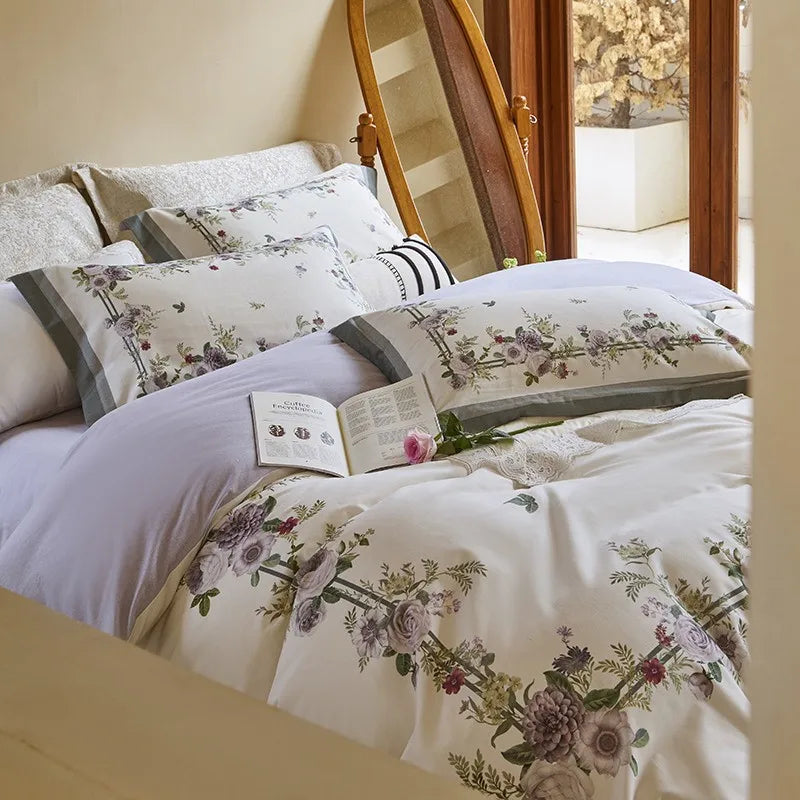 premium bed linen Soft Cotton Floral Duvet Cover Set - White