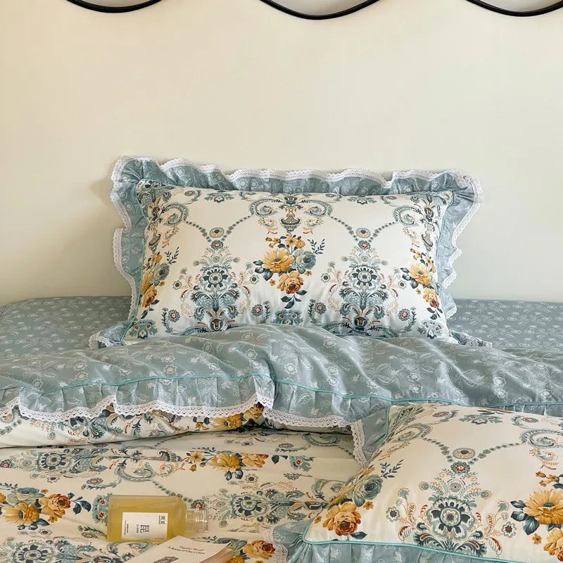 premium bed sheets Cotton Floral Ruffle Duvet Cover Set - Blue