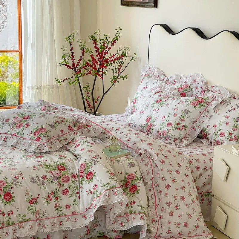 premium bed sheets Cotton Floral Ruffle Duvet Cover Set - Pink