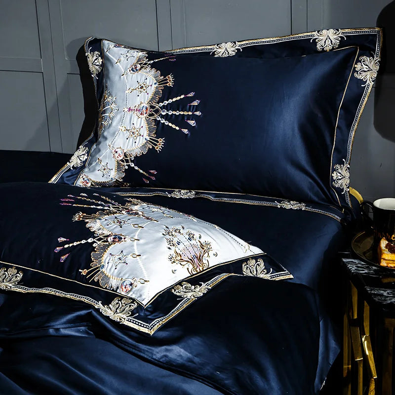 premium bed sheets Egyptian Cotton Embroidered Bedding Set - Blue