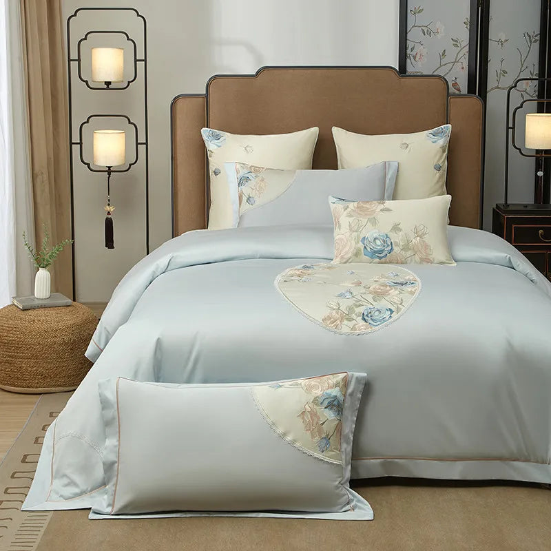 premium bed sheets Egyptian Cotton Embroidered Patchwork Bedding Set - Blue