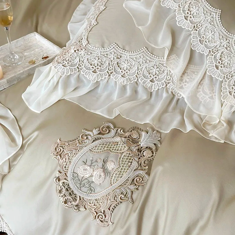 premium linen French Vintage 1000TC Cotton Ruffle Lace Bedding Set - Army Green