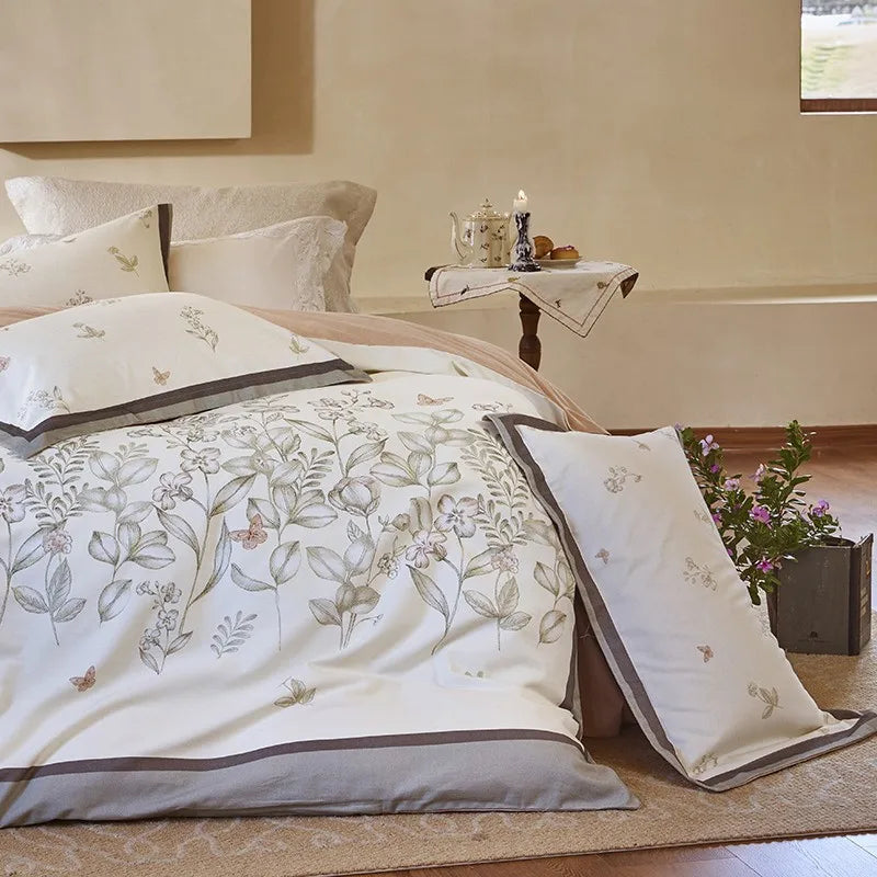 premium linen Soft Cotton Floral Duvet Cover Set - Cream