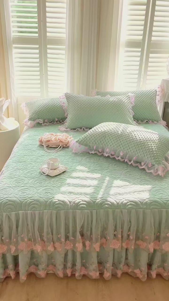 400TC Lace Embroidery Ruffled Bed Skirt Set - Green