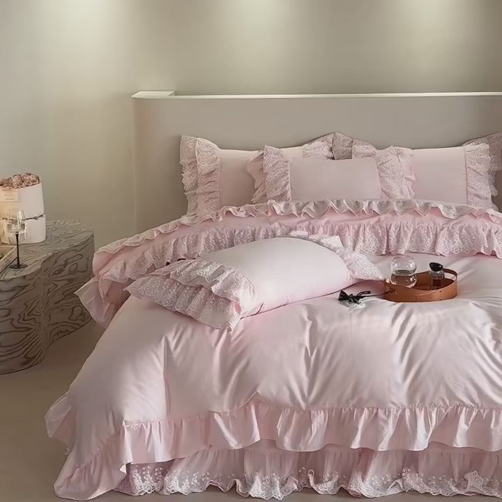 THL1141 Juego de funda nórdica con volantes de encaje 100 % algodón egipcio, ropa de cama bohemia para un dormitorio lujoso