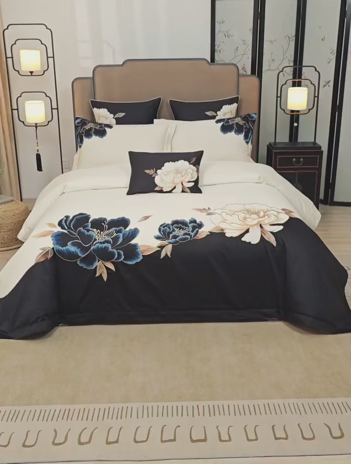 silk sheets Egyptian Cotton Embroidered Patchwork Bedding Set - Black